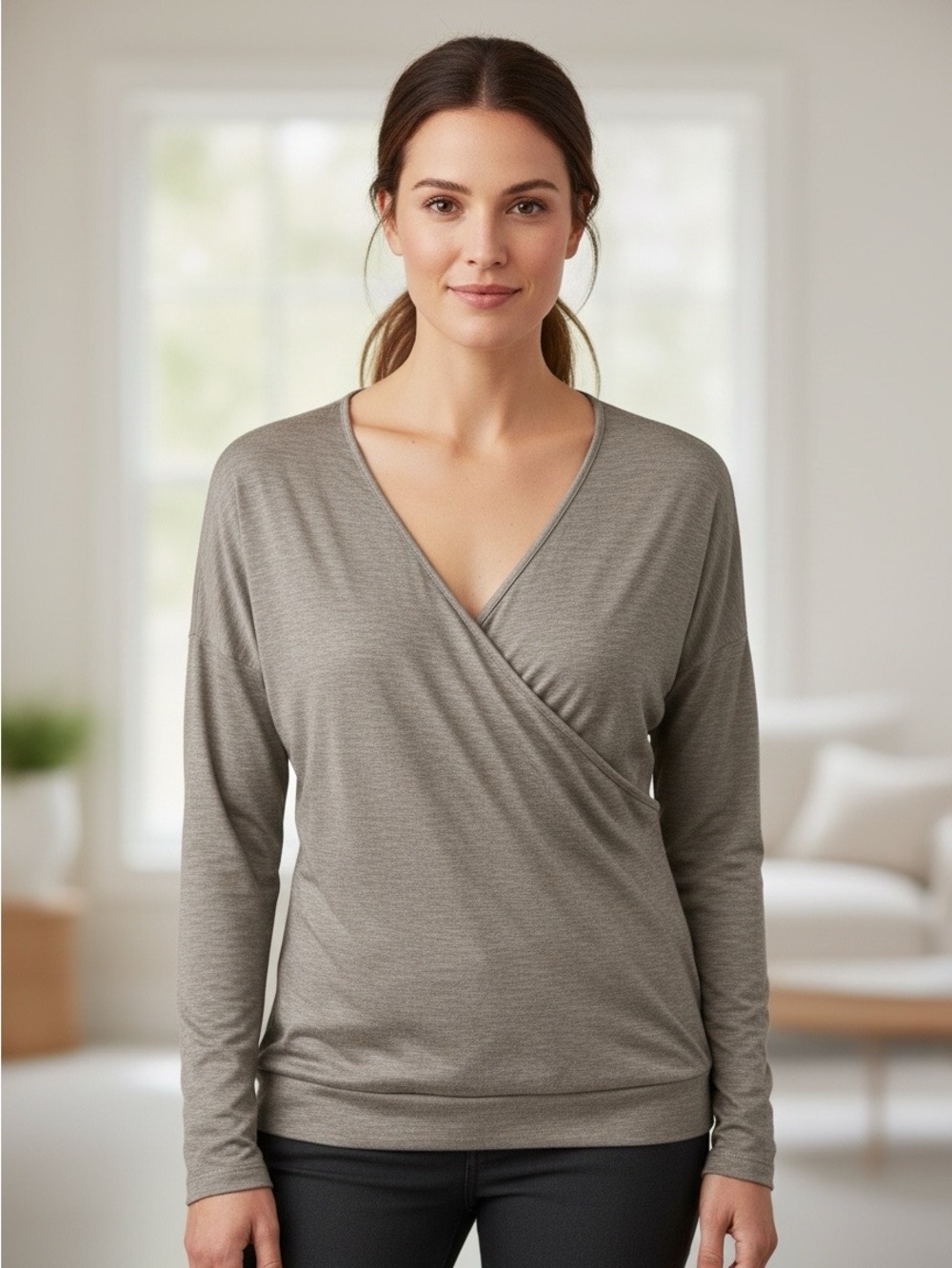 L.L.Bean taupe beige shirt cotton blend. Women's M business casual crosses over